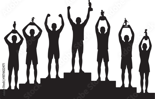 Silhouettes of people celebrating with trophies on podiums