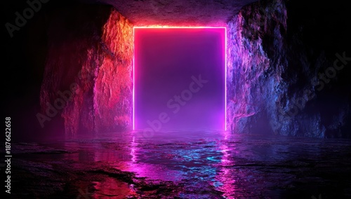 A neon-framed portal glows in a rocky, wet cave, casting colorful light & reflections