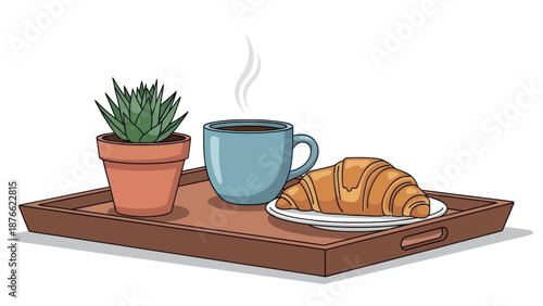 Enjoy a delightful morning moment with a steaming cup of coffee, a flaky croissant, and a vibrant succulent plant presented on a stylish wooden breakfast tray for cozy home lifestyle content