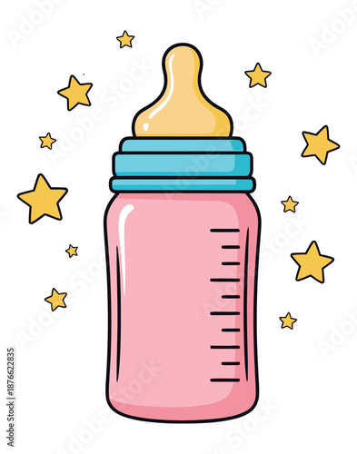 Charming pink infant feeding bottle with a yellow nipple and blue cap surrounded by cheerful stars provides a soft visual for nursery decorations, baby shower invitations, and maternity