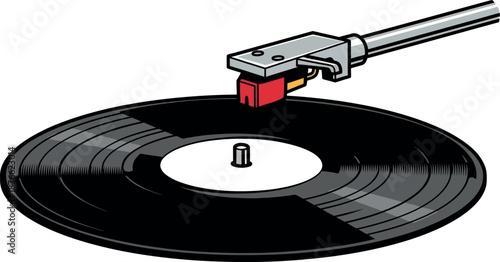 A classic vinyl record spinning on a turntable arm, perfect for music industry promotions, audio equipment marketing, or nostalgic themed events and products.