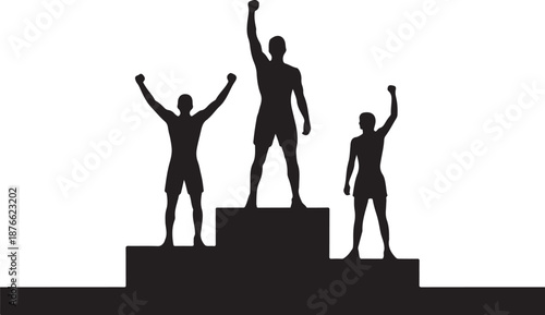 Silhouettes of three athletes on podium with raised arms
