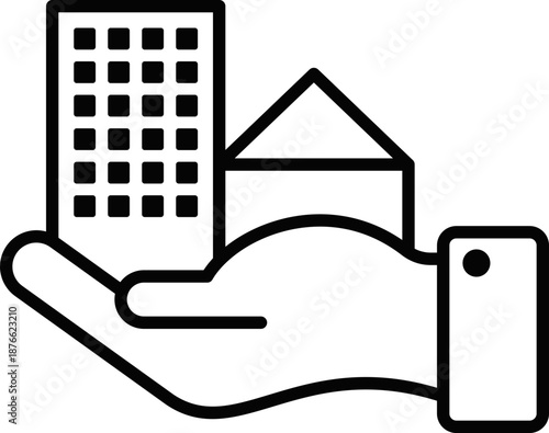 Real Estate and Property Management Icon. Home, Housing, Investment and Mortgage Symbols. Property for sale, land plot zoning, and building construction concepts.