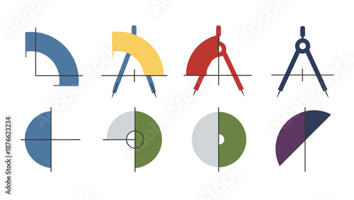 Geometry Icons: Compass, Protractor, Arc, Semicircle, Quadrant
