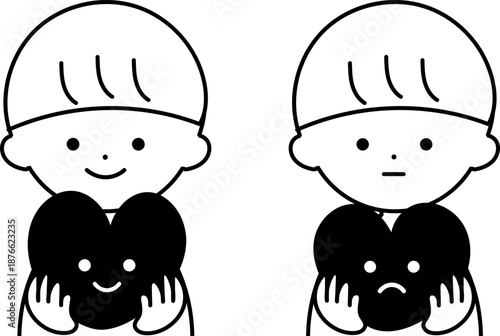 ハートを持つ男の子（白黒）