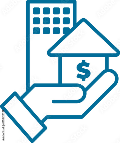 Real Estate and Property Management Icon. Home, Housing, Investment and Mortgage Symbols. Property for sale, land plot zoning, and building construction concepts.