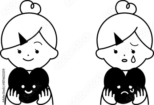 ハートを持つ女の子（白黒）