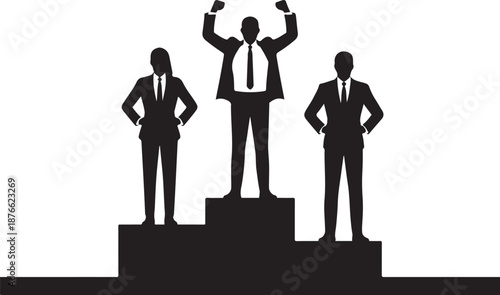 Three businessmen on podiums with different poses black