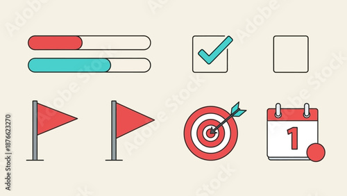 Goal setting icons: progress bars, checklist, target, flags, calendar