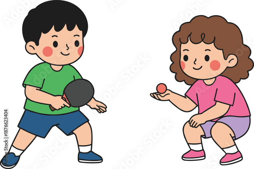 Cute kids playing table tennis illustration showing boy and girl practicing ping pong game together isolated