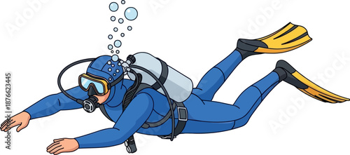 Scuba diver wearing a blue wetsuit and yellow fins with an air tank exploring the underwater world, perfect for travel and adventure related promotions