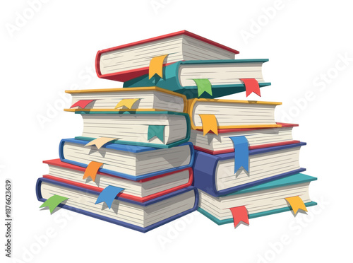 A vibrant stack of colorful books with various bookmarks peeking out, representing education, learning, and storytelling, perfect for academic resources, publishing industry promotions, or
