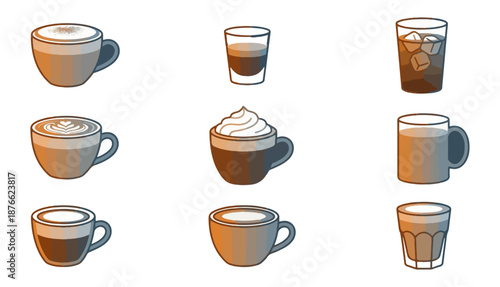 Assorted coffee beverages illustration on black background