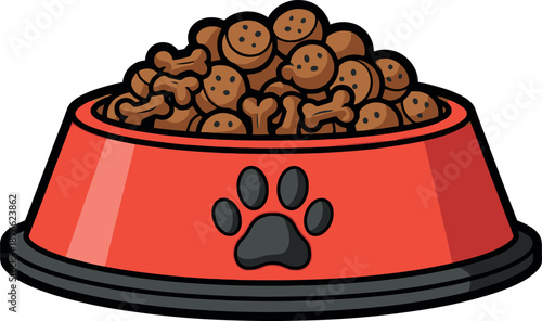 A cheerful red pet bowl brimming with nutritious brown dog food, featuring fun bone shapes and happy face kibbles, suitable for pet product packaging and veterinary clinic displays.