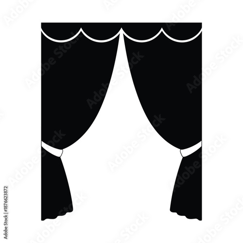 black curtain with white trim on a plain white background