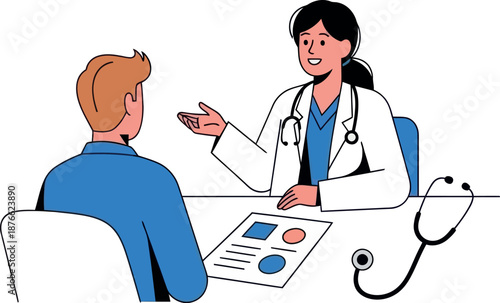 Female doctor discussing medical information and offering professional healthcare advice to a male patient during a consultation, suitable for healthcare advertising and medical practice