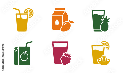 Assorted juice drinks graphic icons fresh beverages illustration
