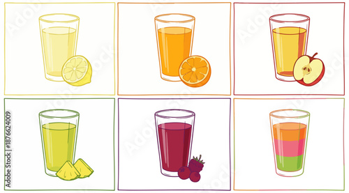 Assorted fruit juices in glasses lemon orange apple pineapple raspberry cocktail