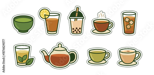 Assorted tea beverages illustrations with various drink types isolated