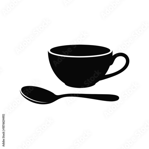 Simple black and white illustration of a teacup and spoon arrangement