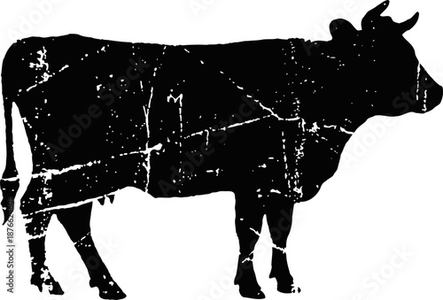 Black silhouette of a standing cow with a distressed vintage texture on white background