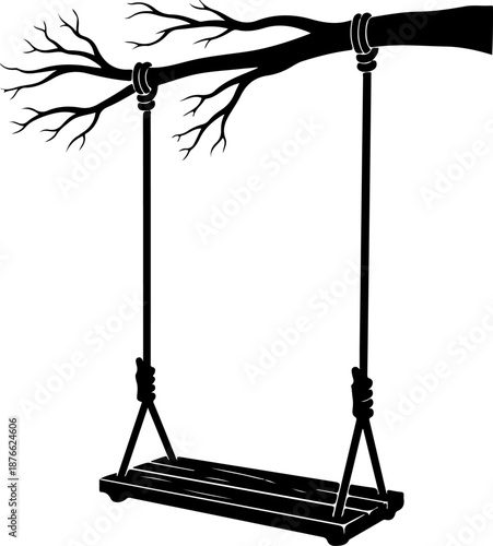 wooden swing hanging from a bare tree branch silhouette vector illustration