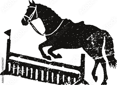 Black silhouette of a horse jumping over an obstacle with textured vintage