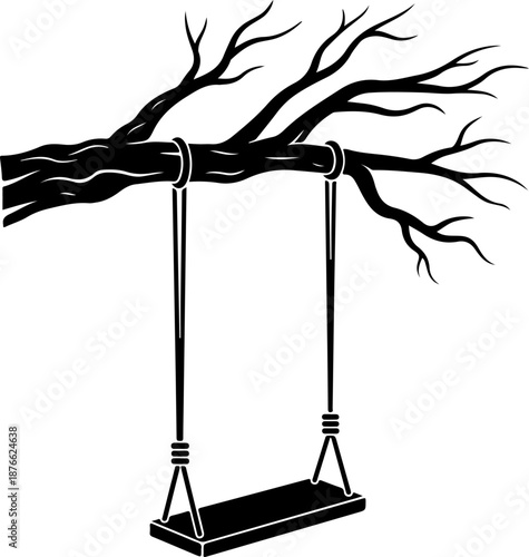 wooden swing hanging from a bare tree branch silhouette vector illustration