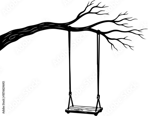 wooden swing hanging from a bare tree branch silhouette vector illustration