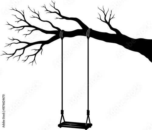 wooden swing hanging from a bare tree branch silhouette vector illustration