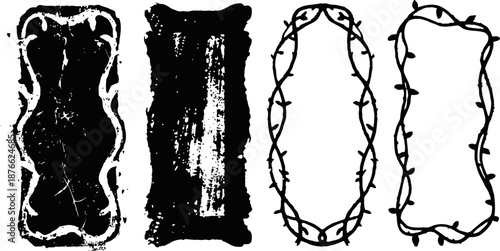 Grunge and barbed wire frames set distressed textured borders and thorny oval outlines