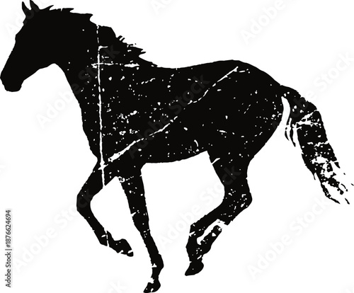 Running horse silhouette with grunge texture, wild animal in motion, vintage equine design