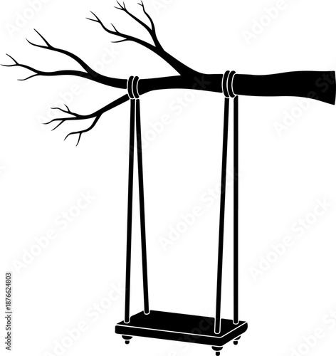 wooden swing hanging from a bare tree branch silhouette vector illustration