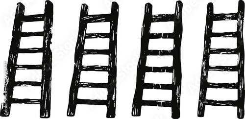 Five rustic wooden ladders with different rung designs in a row on white background