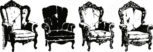 Vintage and classic armchairs set with ornate wooden frames and elegant upholstery designs