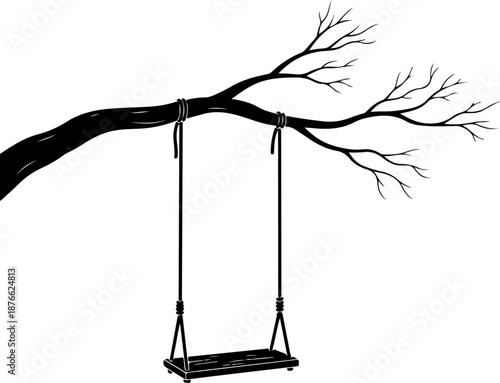 wooden swing hanging from a bare tree branch silhouette vector illustration