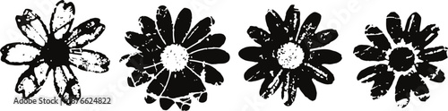 black and white floral silhouettes with textured petals in four distinct daisy like designs