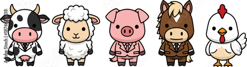 A diverse animal cartoon pack featuring cow, sheep, pig, horse, and chicken in a fun illustration