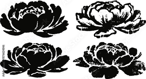 black lotus flower silhouettes set four artistic floral illustrations with textured and solid petal designs