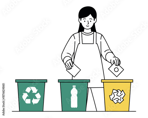 Asian woman actively sorts household waste into clearly marked bins for recycling, promoting environmental responsibility and sustainable living practices for home and public education