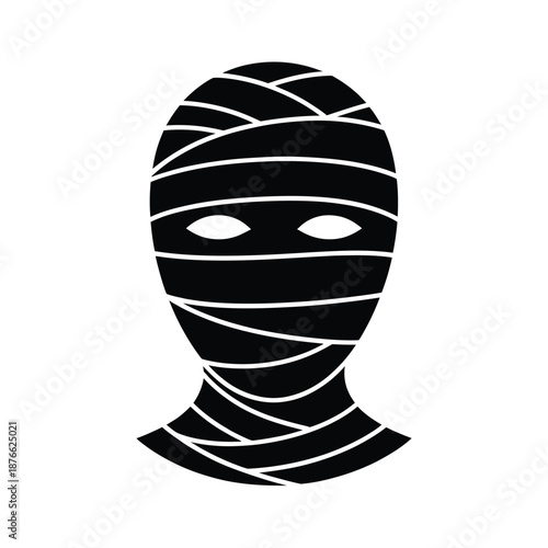 Black and white illustration of a head wrapped like an egyptian mummy