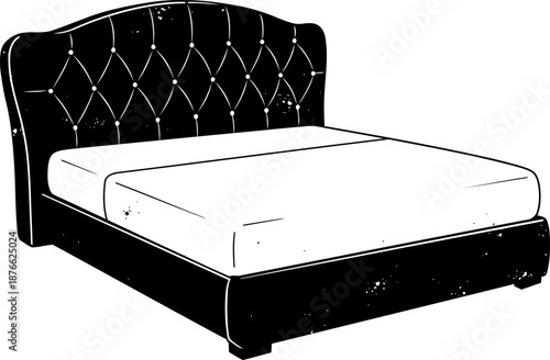 Elegant tufted headboard bed frame with mattress, classic bedroom furniture design