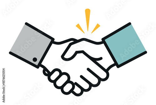 Simple graphic representation of two individuals shaking hands, symbolizing a successful business agreement, professional partnership, and effective teamwork for corporate communications