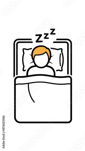 Man sleeping soundly in bed, Zzz symbol indicating sleep
