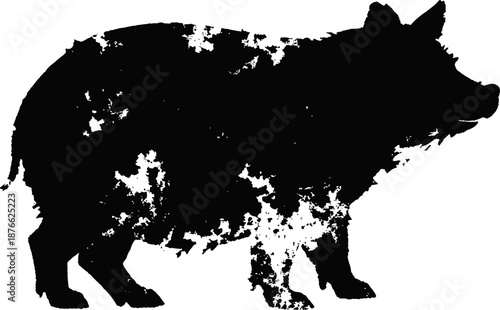 grunge textured silhouette of a wild boar, black and white rustic animal illustration