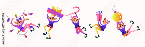 Christmas elves collection. Santa Claus helper. Set of cute character with gifts, garland and candy cane. Festive elf isolated on white background. Vector illustration.