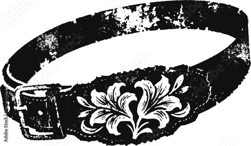 Vintage leather belt with decorative floral engraving and metal buckle in black and white