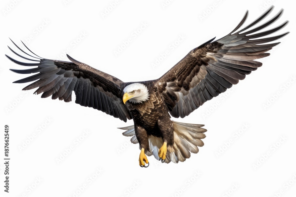 Fototapeta premium Bald eagle flying on a white background with wings wide open