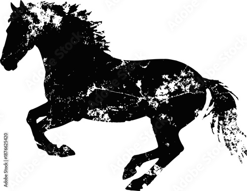 black horse silhouette in mid gallop with textured distressed effect on white background