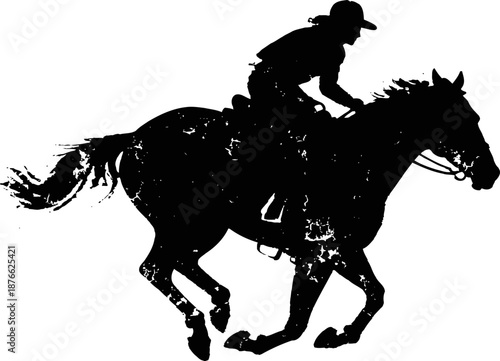 Horse racing silhouette with jockey riding at full speed in dynamic motion